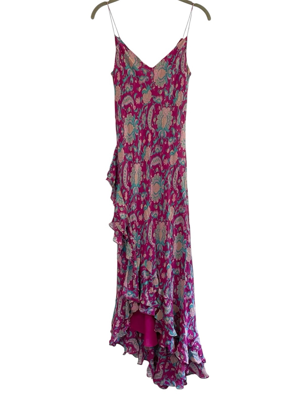 Y2K Ralph Lauren Paisley Silk Chiffon Ruffle Midi Dress Spaghetti Strap - Picture 2 of 12